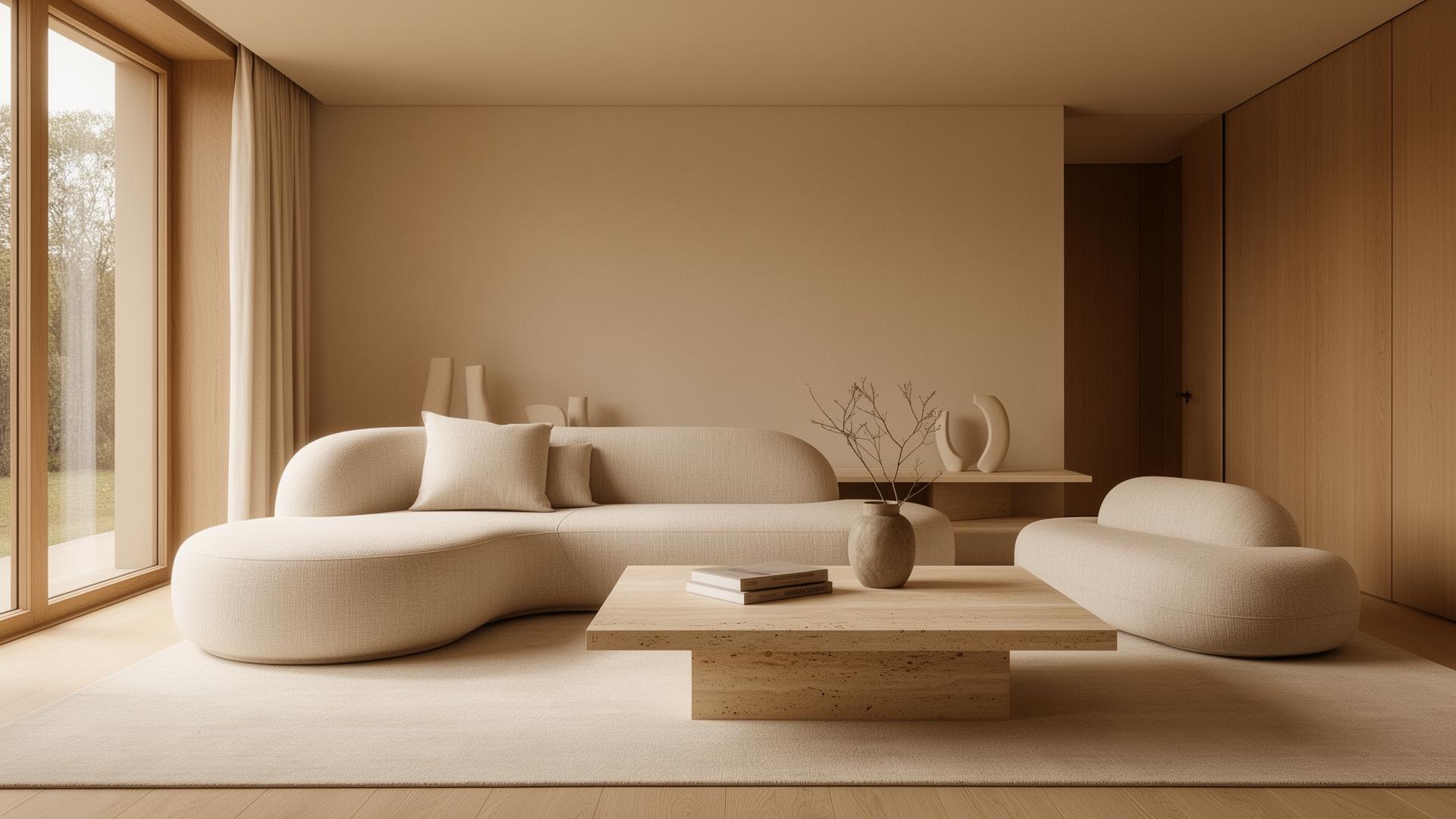 Sala contemporanea com sofa escultural, mesa em pedra e paineis de madeira